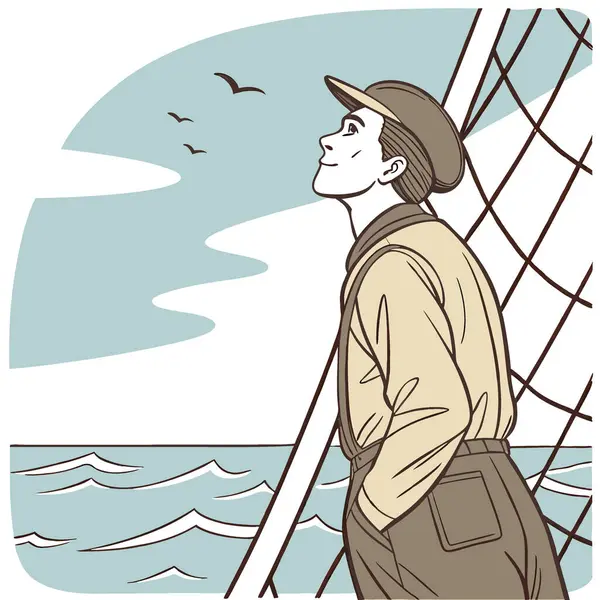 Derin düşüncelere dalmış bir adam bir teknede ağlara yaslanır. Huzurlu denize ve parlak gökyüzüne bakıyorum. - Evet. Yapay zeka üretildi. Vektör simgesi
