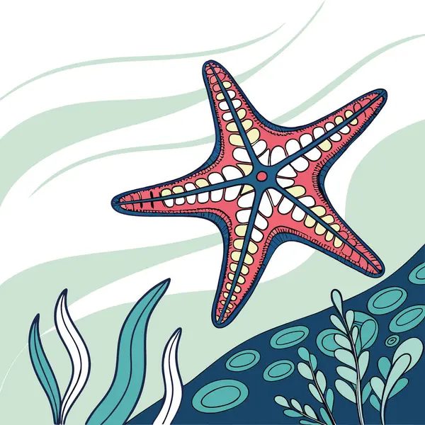 Denizin dibindeki deniz yıldızı. Deniz yıldızının renkli deniz yaşamı detaylı neon renkli renkleri kapatır. Al illüstrasyon yapay zeka üretildi. Vektör simgesi