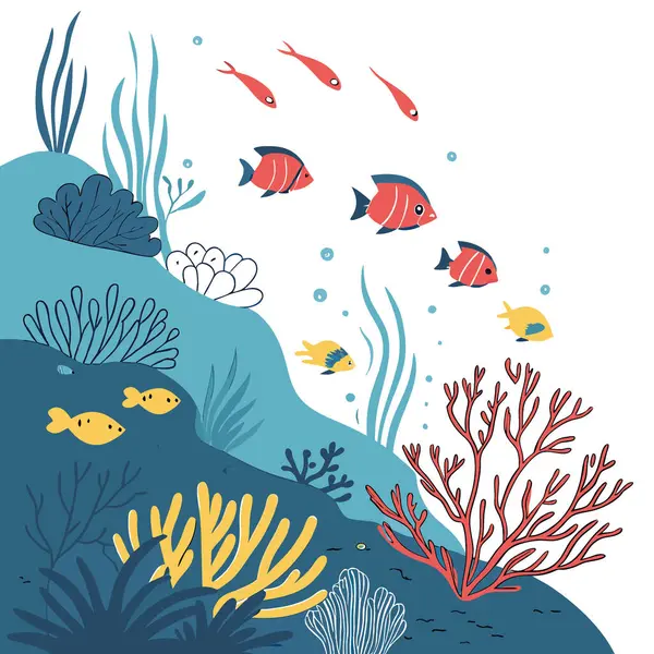 Canlı bir sualtı dünyası, hareketli bir mercan resifini gözler önüne seriyor. Parlak mavi sularda deniz şakayıkları ve mercanların arasında yüzen renkli balıklarla. Yapay zeka üretildi. Vektör simgesi