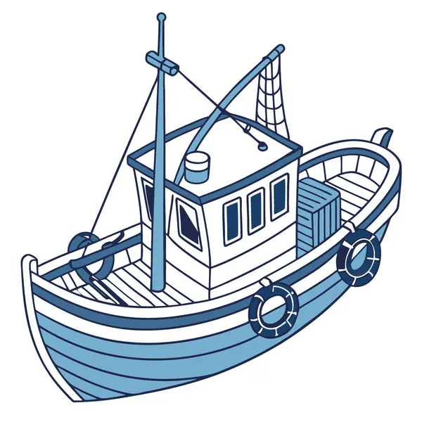 Beyaz arka planda mavi ahşap bir balıkçı teknesi deniz temalarını ve yapay zekanın oluşturduğu deniz maceralarını gözler önüne seriyor. Vektör simgesi