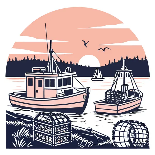 Taze Yakalanmış Istakoz Tuzakları ve Suyun Altındaki Sim Light of Sunset 'in altındaki sepetlerle donatılmış Balıkçı Teknelerinin Huzurlu Akşamı Sahnesi. Yapay zeka üretildi. Vektör simgesi