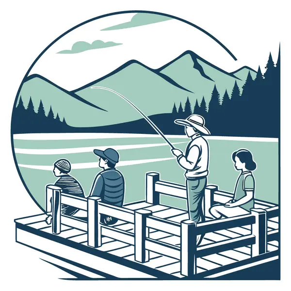 Doğada Boş Bir Gün. Dağlı Manzaralı İskelede Balık Tutan Dört Genç Yetişkin Spor Temalı Poster ya da İlham Duvar Sanatı İçin Mükemmel. Yapay zeka üretildi. Vektör simgesi