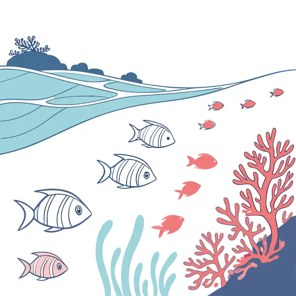 Temiz deniz suyu. Suyun yüzeyi, sürünün olduğu yer. Küçük pastel balık sürüsü yüzer. Egzotik bir yere tropik bir gezi. Bir mercan resifi yapay zeka üretti. Vektör simgesi