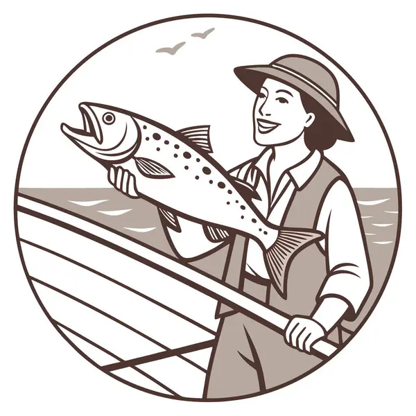 Kadın elinde bir balık tutuyor. Gülümsüyor ve şapka takıyor. Balık kahverengidir ve ağzı vardır. Kadın balıkçı teknede somon tutuyor. Yapay zeka üretildi. Vektör simgesi