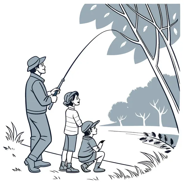 Aileyle balık tutma gezisi. Gelecek nesli eğitmek. Geleneği sürdürmek, balıkçılık sevgisinin daha genç aile üyeleriyle paylaşılmasını sağlar. Yapay zeka üretildi. Vektör simgesi