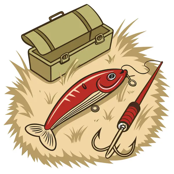 Canlı kırmızı balık yemi gibi. Büyülerle zenginleştirilmiş. Talaş tozunda dikkatlice depolanmış. Heyecan verici macerana hazır. Harika bir balık avı için hazırlanın! Yapay zeka üretildi. Vektör simgesi