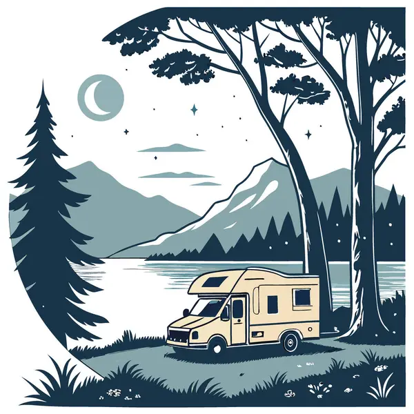 Huzurlu bir gölün yanında huzur içinde bir karavan duruyor. Ilık ışıklarla aydınlatılmış. Etrafındaki ağaçlar ve dağlar yapay zekanın yarattığı huzurlu bir alacakaranlık atmosferi yaratıyor. Vektör simgesi
