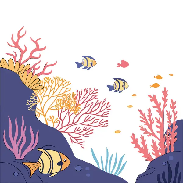 Canlı bir sualtı dünyası renkli mercanlar ve akan güneş ışınlarıyla aydınlatılan eğlenceli tropikal balıklar. Seyahat ve deniz turu reklam konsepti yapay zeka üretti. Vektör simgesi