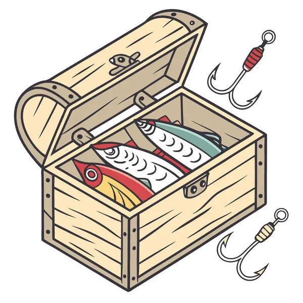 Çeşitli balık yemleriyle dolu klasik ahşap bir kutu. Çeşitli renkler ve tasarımlar sergiliyor. Açık hava meraklıları ve koleksiyoncular için mükemmel. Yapay zeka üretildi. Vektör simgesi
