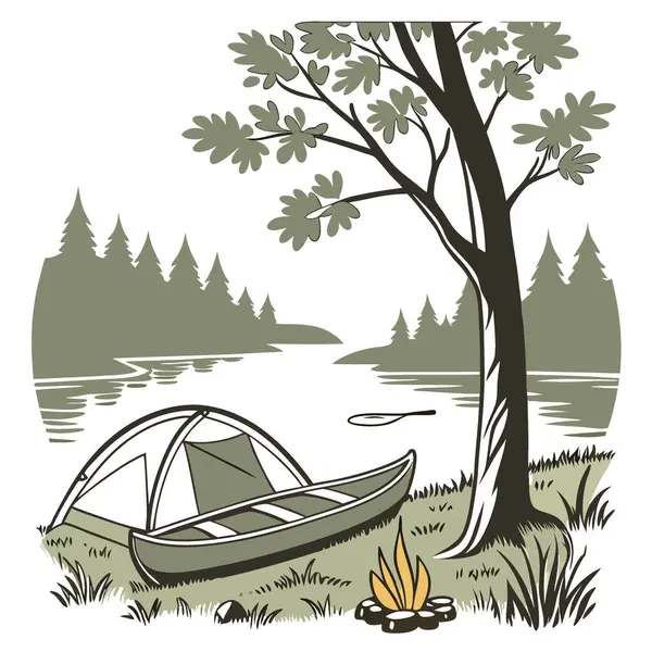 Gölün kıyısında sakin bir sabah çadırdan çıkan sıcak bir parıltıyla başlıyor. Kıyıya yakın bir kano demirli. Onun yanında hafif bir ateş çıtırdıyor ve yapay zeka oluşuyor. Vektör simgesi