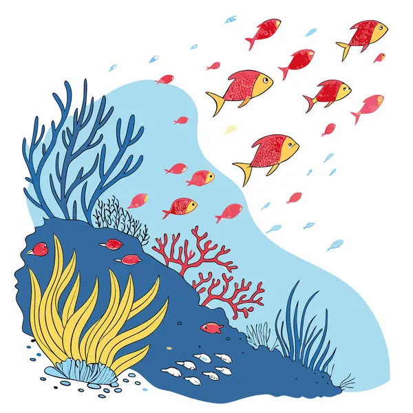 Tropik balık sürüsü grubu. Mercan kayalıkları. Renkli sualtı dünyası. metin alanı. Ve mavi sularda bir sürü kırmızı sarı tropikal balığın olduğu duvar kağıdı arkaplanı. Yapay zeka üretildi. Vektör simgesi
