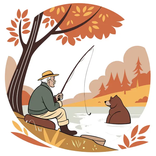 Yaşlı bir adam, resim gibi bir nehir ortamında bir ayının yanında balık avlamaktan zevk alır. Sonbahar boyunca doğal ortamda yapay zekanın ürettiği alışılmadık ama iç açıcı bir bağın altını çizmek. Vektör simgesi