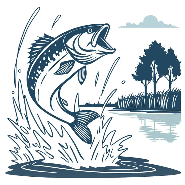 Bir siyah levreğin yüzeyden enerjik bir şekilde sıçradığı anı yakalayan dinamik bir görüntü. Dramatik bir sıçrama yaratıyor. Yapay zekanın yarattığı spor balıkçılığının heyecanını sembolize ediyor. Vektör simgesi