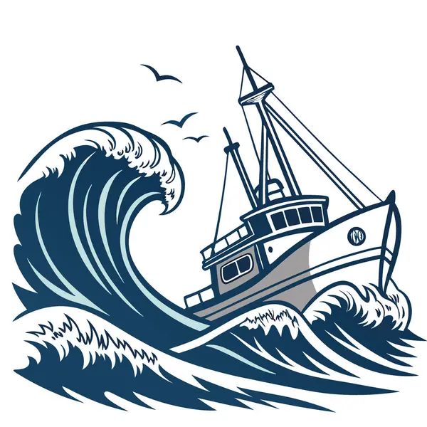 Dalgalı sularda yüzen balıkçı teknesi. İlerledikçe su sıçratıyor. Sahne, okyanusun gücünü ve teknenin elementlere karşı dayanıklılığını yakalar. Yapay zeka üretildi. Vektör simgesi