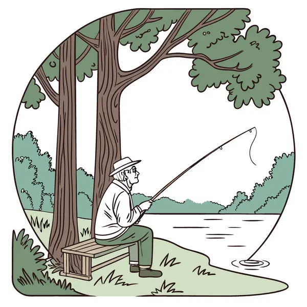 Yaşlı bir adam ve genç bir çocuk, yüksek ağaçlarla çevrili sakin bir göl kenarında huzurlu bir balık avının tadını çıkarıyorlar. Yapay zekanın doğayla özel bir bağ kurması. Vektör simgesi