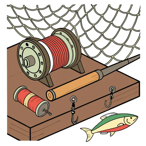 Ahşap bir masanın üzerindeki balıkçı teçhizatının yakın çekimi. Başrolde makaralar var. Renkli yemler. Ve çizgi makaraları. Balıkçı ağlarıyla çevrili. Yapay zekanın yarattığı bir maceraya hazır ol. Vektör simgesi