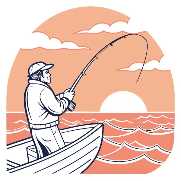 Bir balıkçı gün doğumunda açık deniz balık avına çıkar ve denize dökülür. Açık okyanusta ufka bakıyorlar. Tekne gezisinde olta tutuyordu. Yapay zeka üretildi. Vektör simgesi