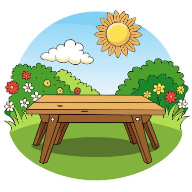 Yapay zekanın ürettiği canlı çiçeklerle çevrili güneşli bir bahçede sade bir ahşap masa. Vektör simgesi