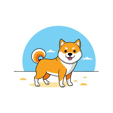 Canlı bir Shiba inu köpeği güneşli bir bahar gününde kumsalda geziniyor yapay zeka üretiyor. Vektör simgesi