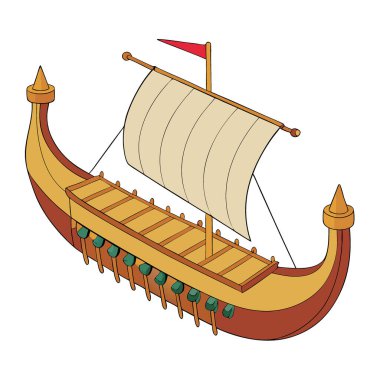 Yapay zeka tarafından üretilen Trireme adlı antik Yunan savaş gemisinin havadan çekilmiş detaylı fotoğrafı. Vektör simgesi