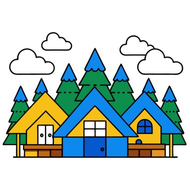 Vahşi doğadaki kulübeler. Blue Sky ve Wooden Cabin 'in bulunduğu bir pansiyon. Vektör simgesi