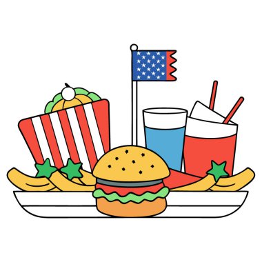 4 Temmuz kutlamaları ve toplantıları için Şenlikli Amerikan Mutfağı. Yapay zeka üretildi. Vektör simgesi