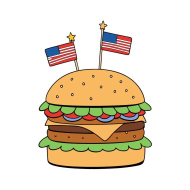 Bağımsızlık Günü 'nü kutlayan Amerikan bayraklı duble çizburger. Yapay zeka üretildi. Vektör simgesi