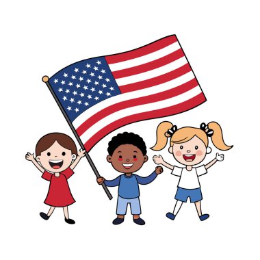 Happy American children with the US Flag Independence Day of the USA. AI generated. Vector icon