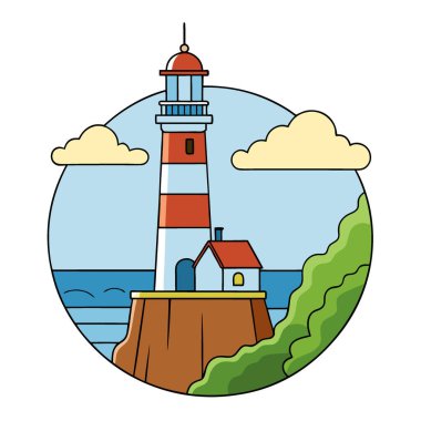 Sahildeki kayalıklara bakan deniz feneri dramatik bir günde. Yapay zeka üretildi. Vektör simgesi