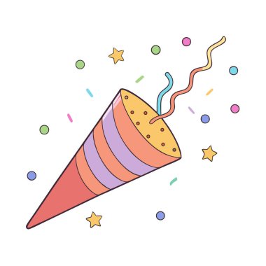 Party cone decorated with confetti and whistles on a festive background. AI generated. Vector icon