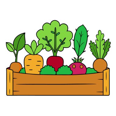 Tahta bir bahçe arazisinde canlı sebzeler yetişiyor sürdürülebilir yaşam için. Yapay zeka üretildi. Vektör simgesi