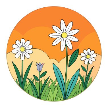 Sunsetful Vahşi Çiçekleri 'nin sıcacık güneş ışığında güzel kır çiçekleri. Yapay zeka üretildi. Vektör simgesi