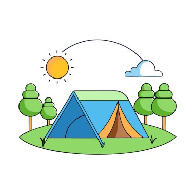 Parkta kamp çadırı. Güneş ışığı altında ağaçlar ve çimlerle çevrili yapay zeka üretildi. Vektör simgesi
