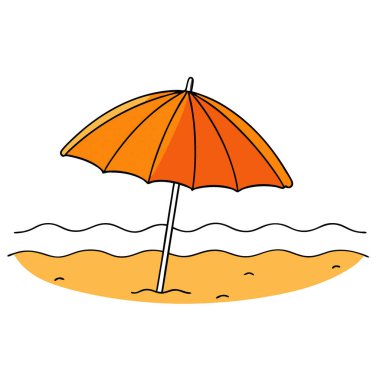 Kumlu sahilde parlak turuncu şemsiye ve yaz güneşi altında hafif dalgalar. Yapay zeka üretildi. Vektör simgesi
