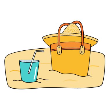 Plaj çantasına ve kumsaldaki hasır şapkaya yakın çekim. Yapay zeka üretildi. Vektör simgesi