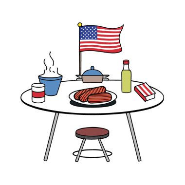 Izgara biftek masası ve Amerikan bayrağıyla açık hava barbekü partisi. Yapay zeka üretildi. Vektör simgesi