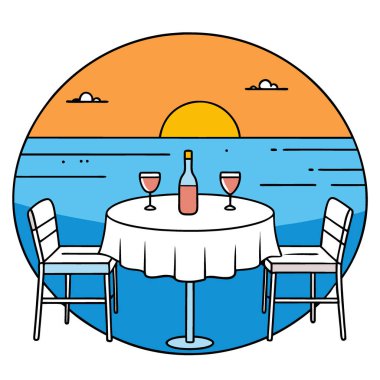 Manzaralı bir günbatımında akşam yemeği için hazırlanmış romantik deniz kenarı restoranları masaları. Yapay zeka üretildi. Vektör simgesi