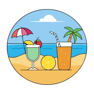 Tropik yaz tatili. Bulanık tropik plaj arka planında egzotik içkiler. Yapay zeka üretildi. Vektör simgesi