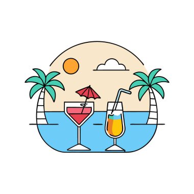 İki yaz kokteyli yapay zeka görüntülü tropik plaj içeceği. Yapay zeka üretildi. Vektör simgesi