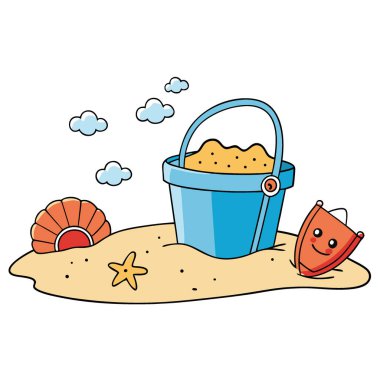 Yaz etkinlikleri için kum kovası ve deniz kabuklarıyla eğlenceli bir oyun. Yapay zeka üretildi. Vektör simgesi