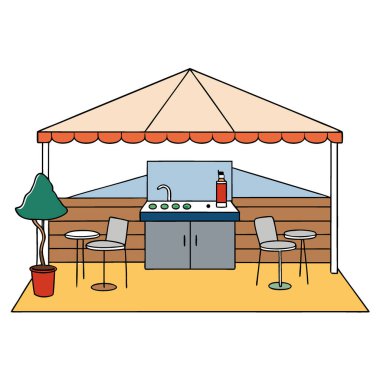 Barbekü ve bar düzeneği olan bir açık hava eğlence alanı. Yapay zeka üretildi. Vektör simgesi