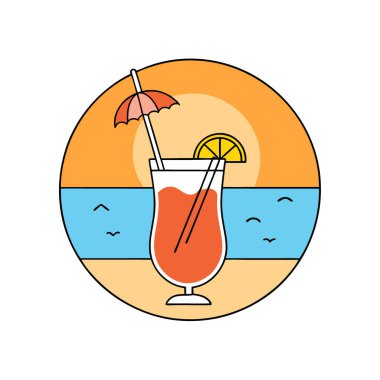 Okyanus manzaralı ve yaz atmosferli güneşli sahilde tropik kokteyl içeceği. Yapay zeka üretildi. Vektör simgesi