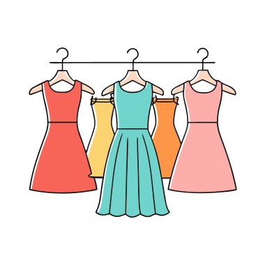 Butik Dükkanı Moda Tarzı 'nda Ahşap Askıda Renkli Kadın Giysileri. Yapay zeka üretildi. Vektör simgesi