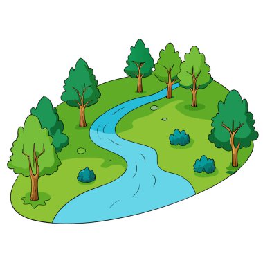 Serene Stream, bereketli bir yaz ormanının içinden geçiyor. Üç boyutlu çizim. Yapay zeka üretildi. Vektör simgesi