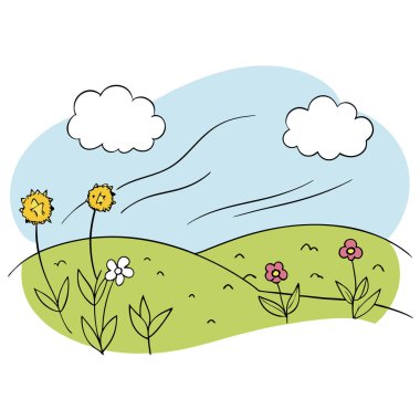 Yumuşak bir kır manzarasında yumuşak çimen çiçeklerinin arasından hafif bir esinti. Yapay zeka üretildi. Vektör simgesi