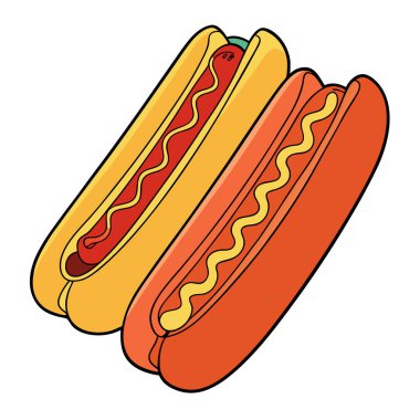 Beyaz arka planda hardal ve ketçaplı iki lezzetli sosisli sandviç. Yapay zeka üretildi. Vektör simgesi