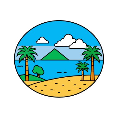 Yeni Kaledonya. Mavi Gök ve Çam Sahili manzaralı Tropikal Ada Cenneti yapay zeka üretildi. Vektör simgesi