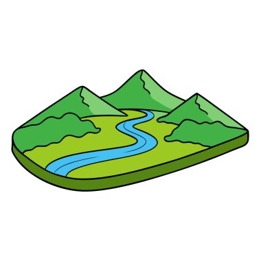 Nehir vadisi, kıvrılan nehir ve yuvarlanan tepeler. Yapay zeka üretildi. Vektör simgesi