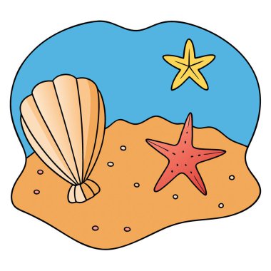 Yaz tatili temalı kumsalda deniz kabukları ve deniz yıldızları. Yapay zeka üretildi. Vektör simgesi