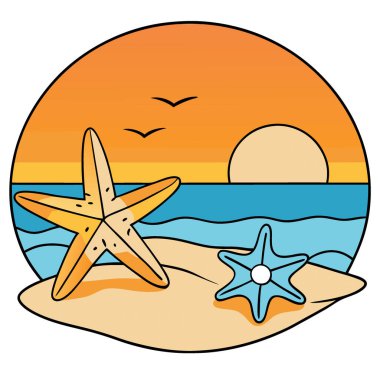 Yaz boyunca gün batımında kumlu sahilde dinlenen deniz yıldızları ve deniz kabukları. Yapay zeka üretildi. Vektör simgesi